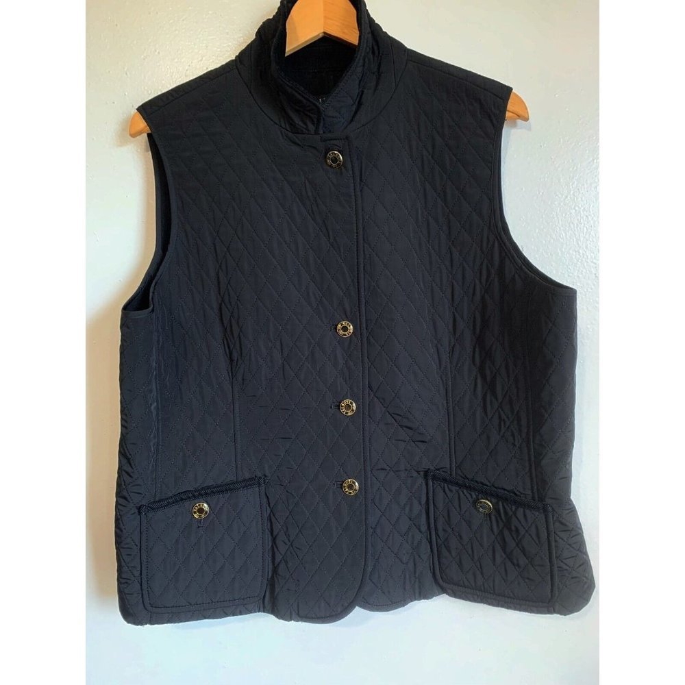Talbots Petites Quilted Vest SZ 1X Petite Classic Black Pockets Logo Buttons
